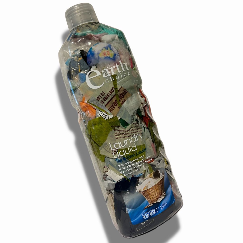 plastic bottle eco brick filled with soft plastics