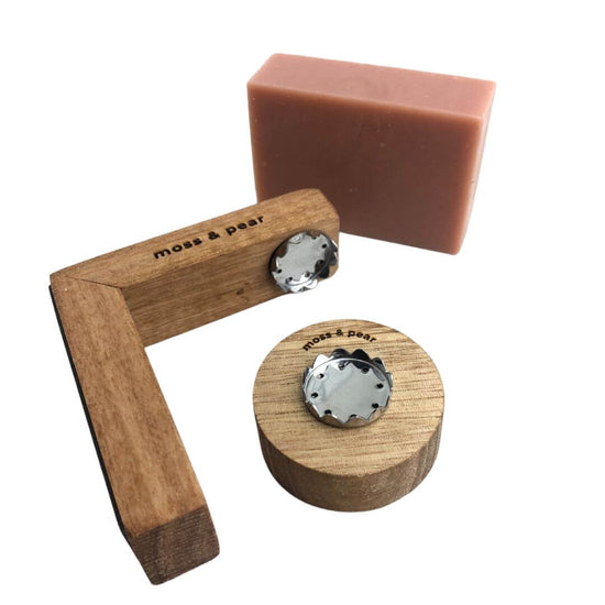 moss & pear timber magnetic soap holders with soap cap and soap bar