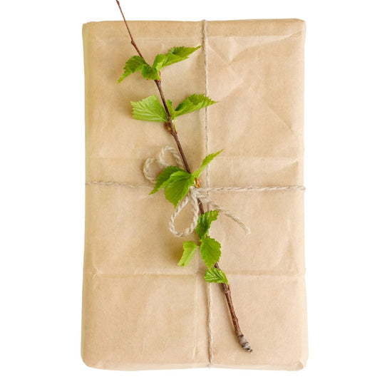 gift wrapped with brown paper and decorated with live mint branch and leaves