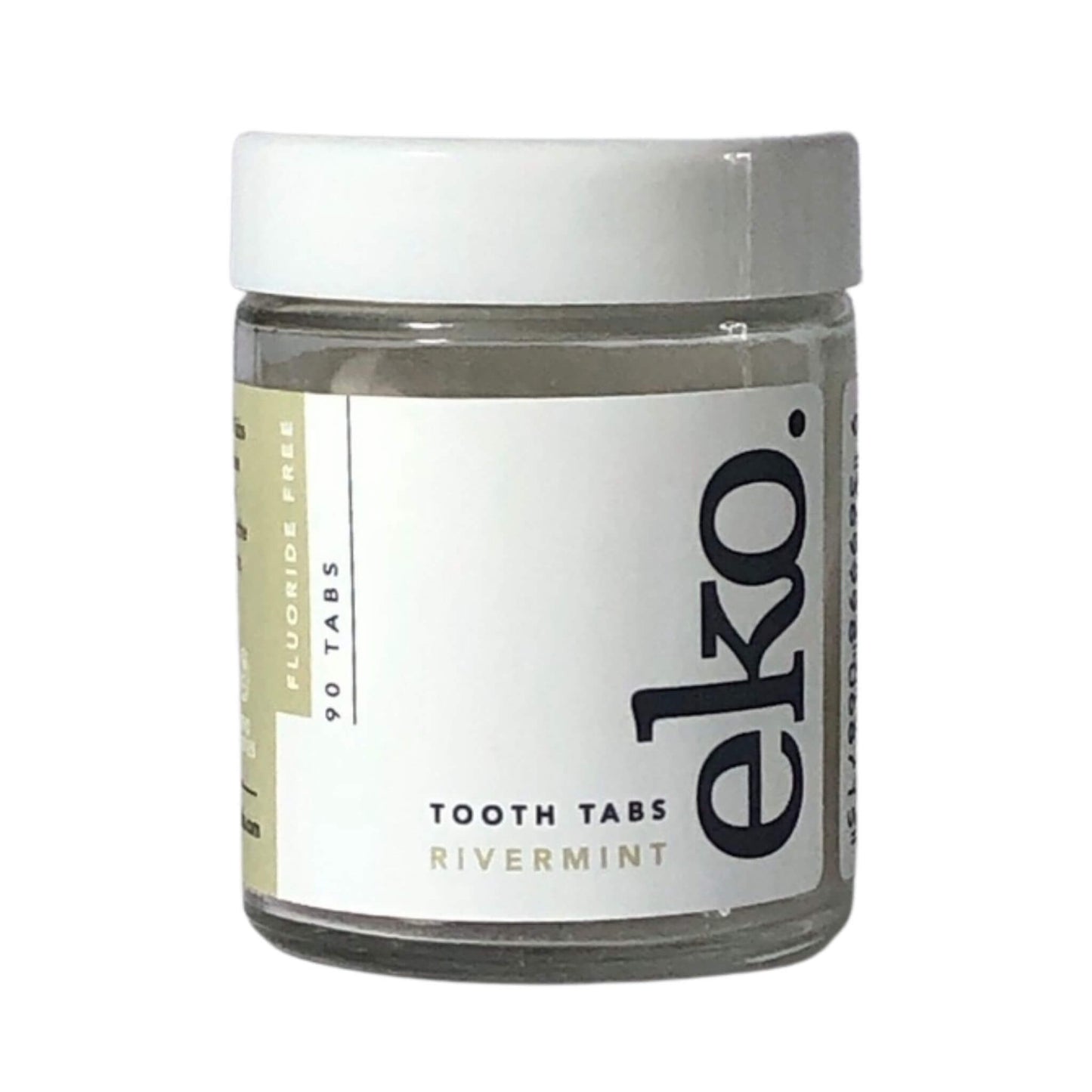 small glass jar with white lid containing tooth tabs from ekotoothtabs -  rivermint flavour and fluoride free