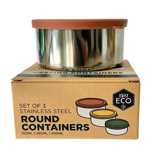Load image into Gallery viewer, ever eco stainless steel nesting round containers set of 3 - clay, honey and olive in colour
