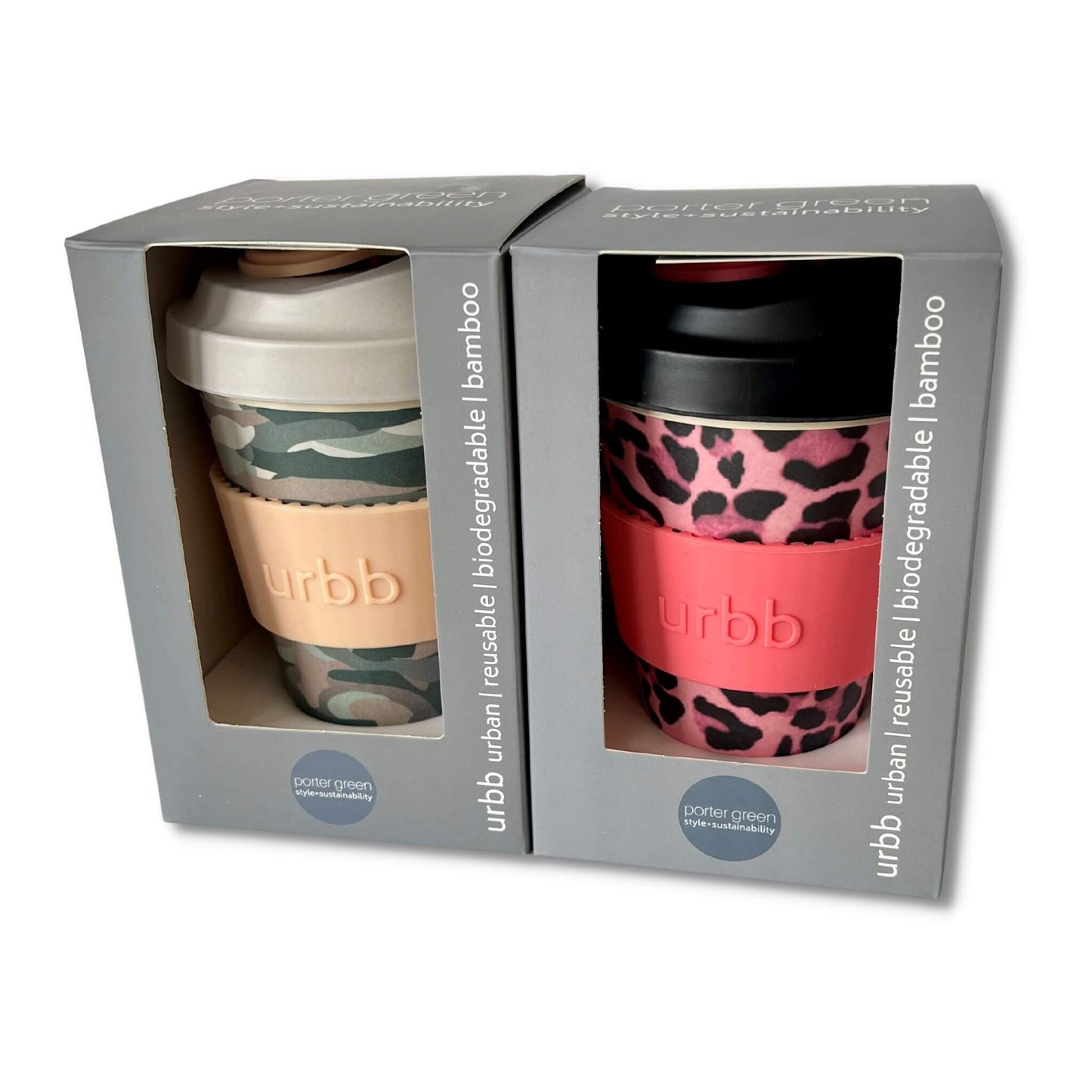 Load image into Gallery viewer, porter green urbb biodegradable coffee cup  - designs are pink leopard and camouflage
