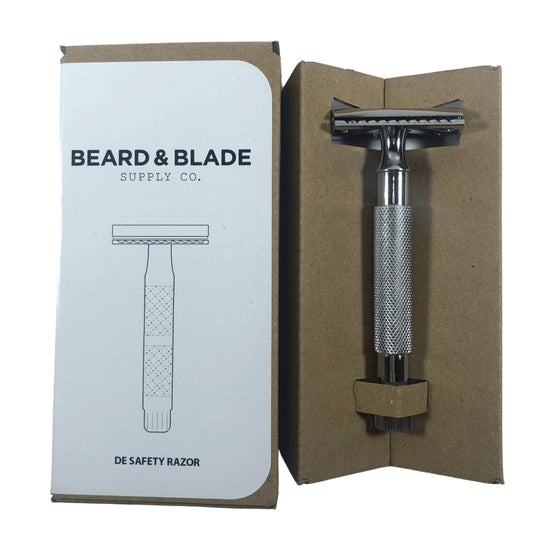 Load image into Gallery viewer, Beard &amp;amp; Blade chrome long handled safety razor in box
