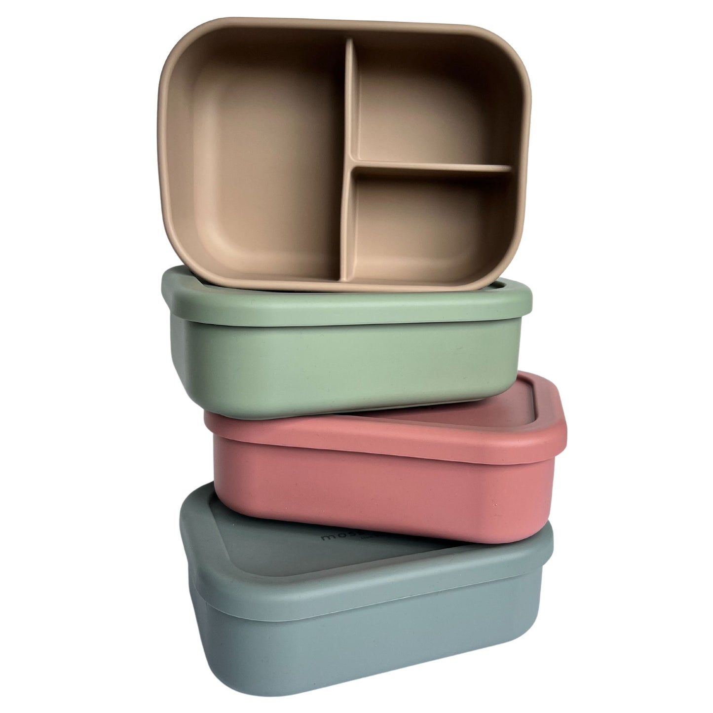 reusable silicone bento lunch boxes made from bpa food grade silicone. 4 colours stacked up with top container exposing the 3 compartments within